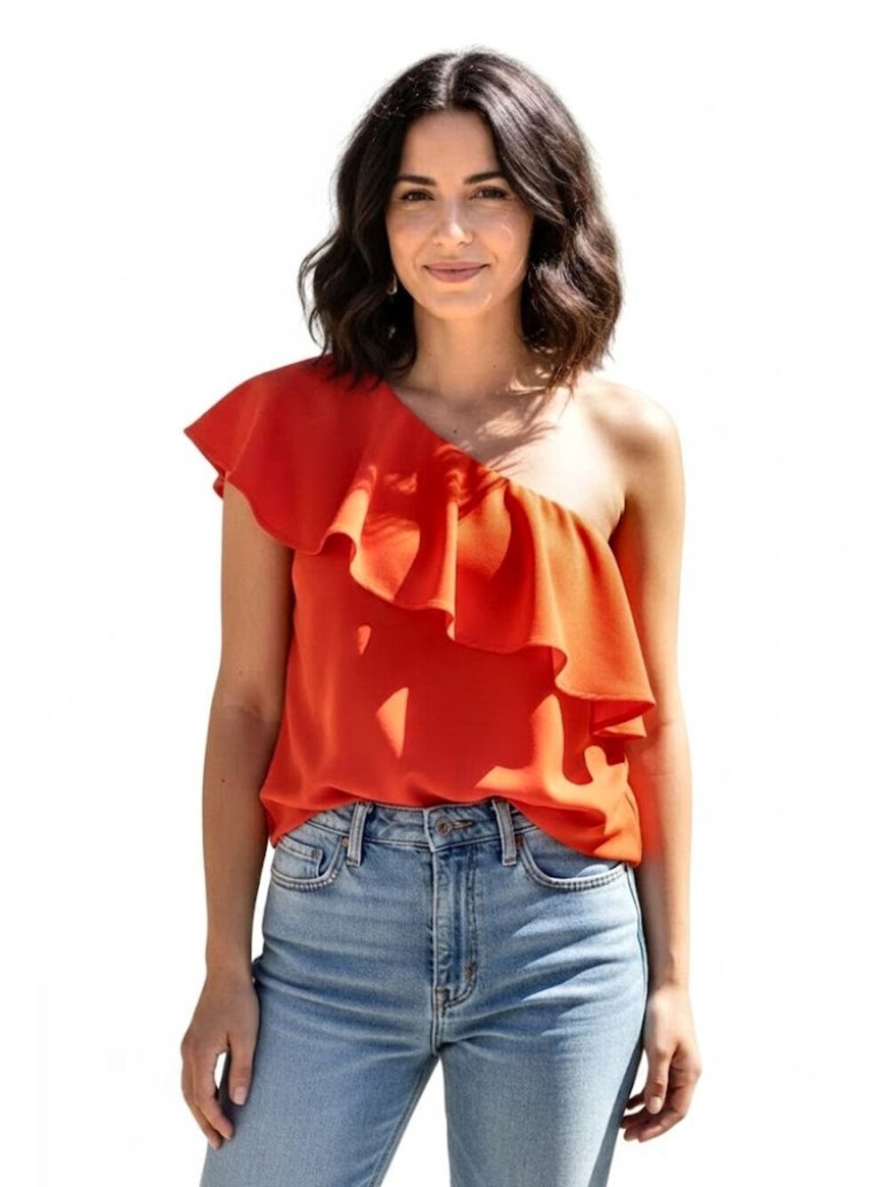 Pleione Asymmetrical One Shoulder Top with Bust Ruffle, Orange Womens Size XS